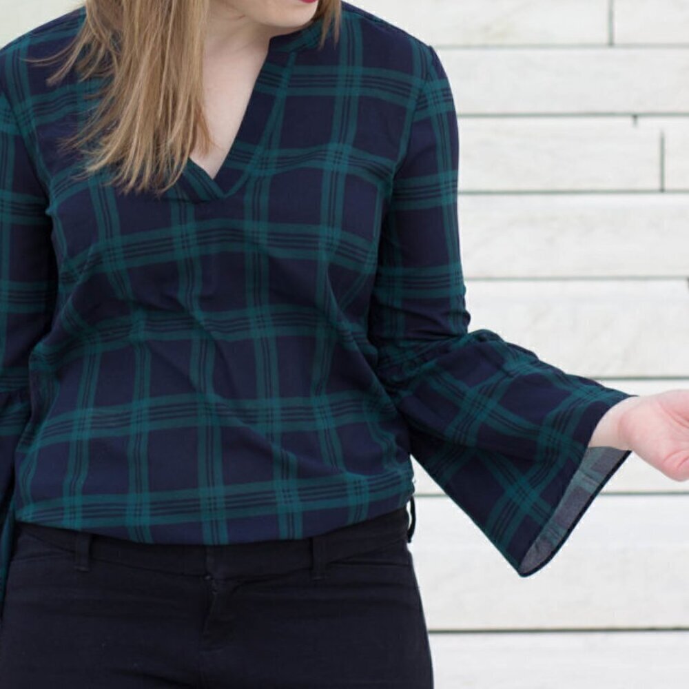J Crew Factory V Neck Bell Sleeve Holiday Blouse, Black Watch Plaid, Size Small - Picture 2 of 10